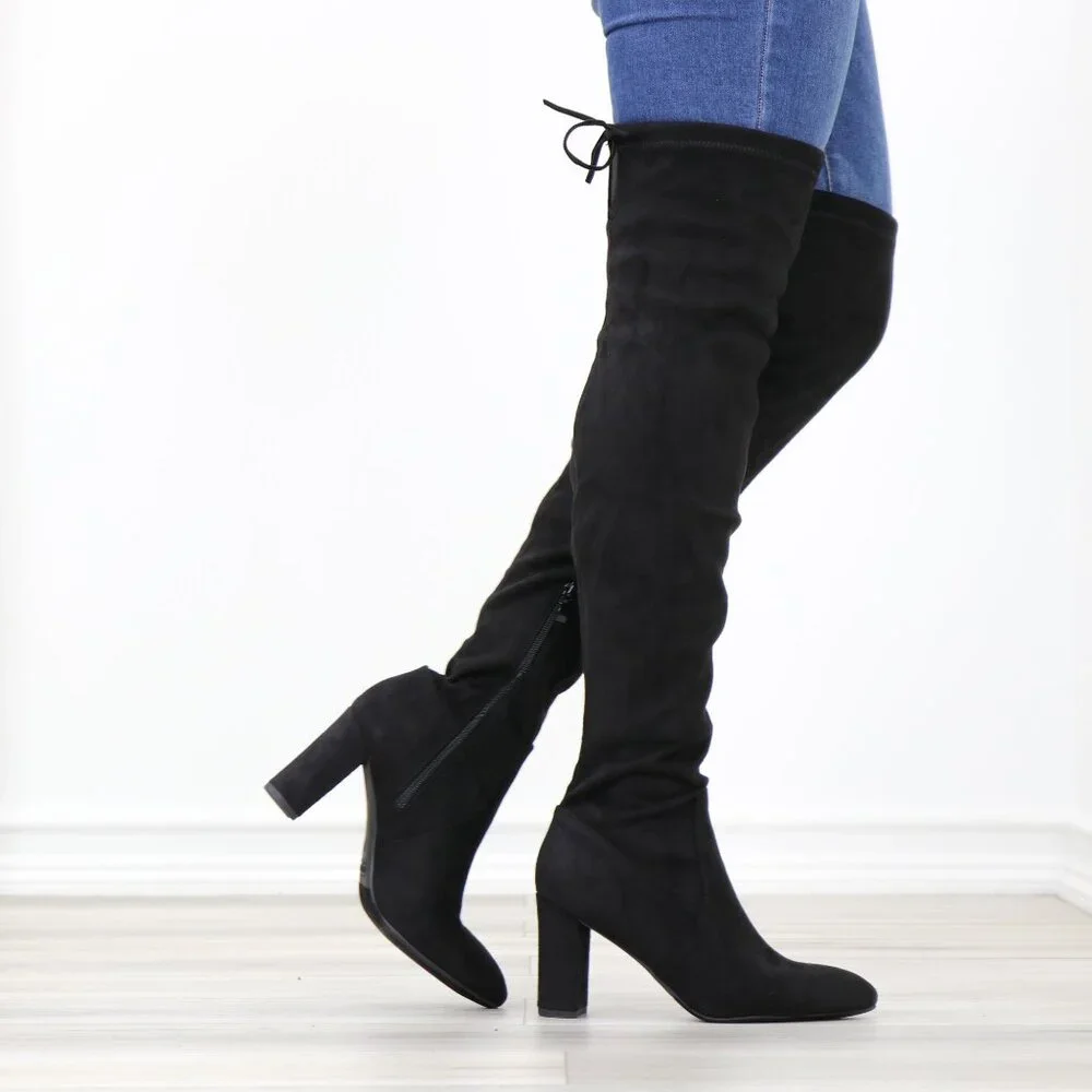 Black Over The Knee Boots Lace Up Back Side Zip Block Heel Faux Suede